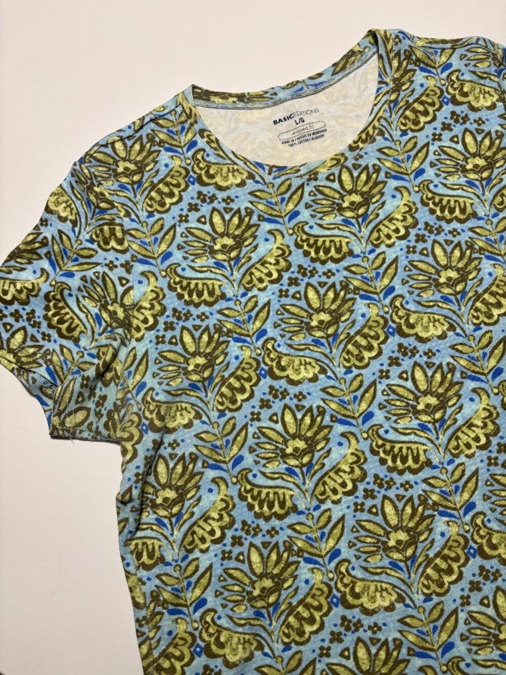 Basic Editions Green & Blue Block Print Boho Blossom Cotton Shot Sleeve T-Shirt
